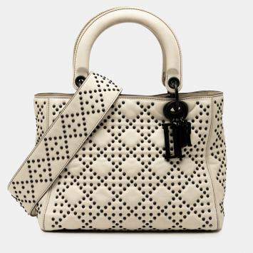 Pre Owned Dior White Medium Lambskin Cannage Studded Supple Lady Dior