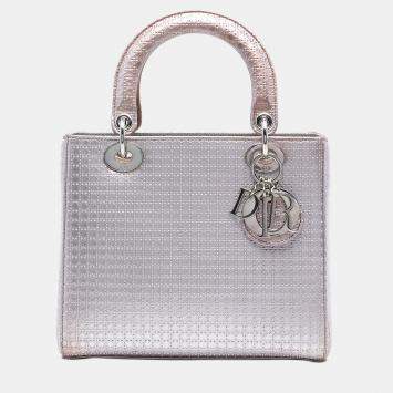 Pre Owned Dior Pink Medium Metallic Patent Microcannage Lady Dior