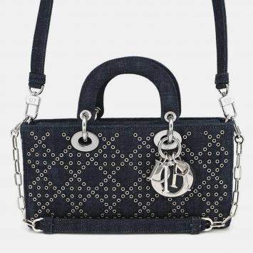 Pre Owned Dior Eyelet Detail Ladies D-Joy 2-Way Bag Navy Denim Size Medium