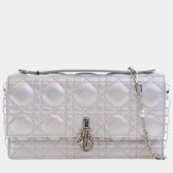 Pre Owned Dior Silver Mini Iridescent Metallic Lambskin Cannage My Dior Bag