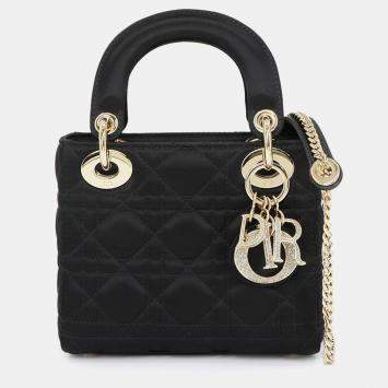 Pre Owned Christian Dior Cannage Lady Mini 2-Way Hand/Shoulder Bag In Rhinestone Satin And Leather Black