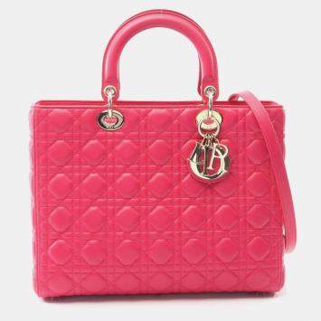 Pre Owned Christian Dior Dior Lady Large Handbag In Lambskin Leather Pink