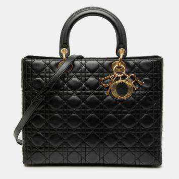 Pre Owned Dior Black Large Lambskin Cannage Lady Dior
