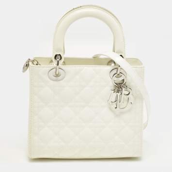 Pre Owned Dior Lady Dior Medium Off White Cannage Patent Leather Tote