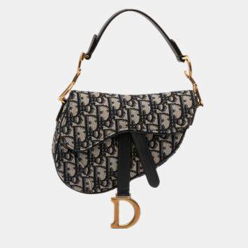 Pre Owned Dior Blue Mini Oblique Canvas Saddle Bag