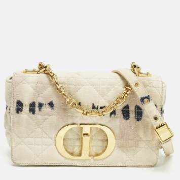 Pre Owned Dior Tie Caro Small Off White Cannage Denim Shoulder Bag