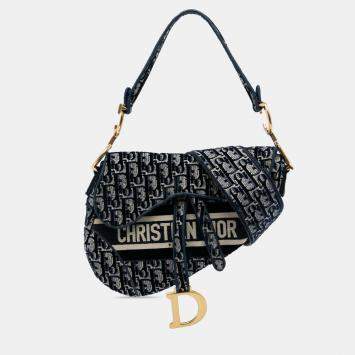 Pre Owned Dior Blue Oblique Embroidered Velvet Saddle Bag