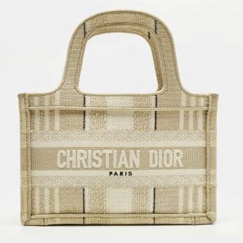 Pre Owned Dior Book Mini Beige Bayadere Stripe Embroidered Canvas Tote