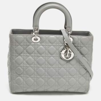 Pre Owned Dior Lady Dior Large Grey Cannage Leather Tote