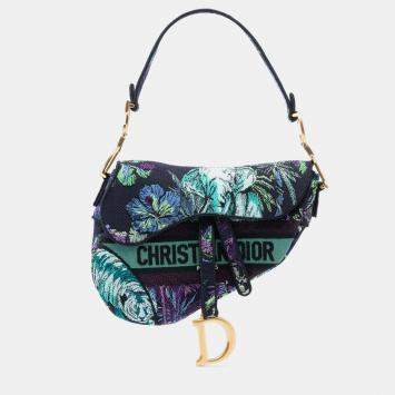 مملوكة مسبقًا Dior Blue Canvas Embroidered Floral Saddle Bag