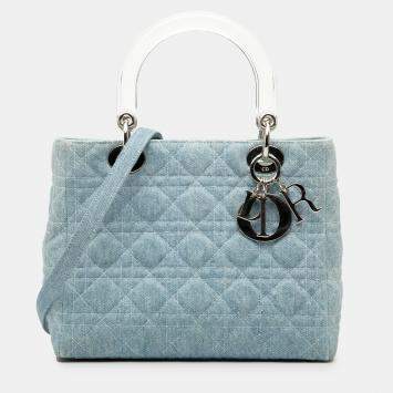 Pre Owned Dior Blue Medium Denim Cannage Acrylic Handles Lady Dior