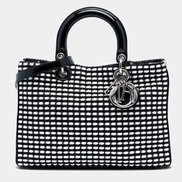 Pre Owned Dior Black White Medium Patent and Tweed Diorissimo Satchel