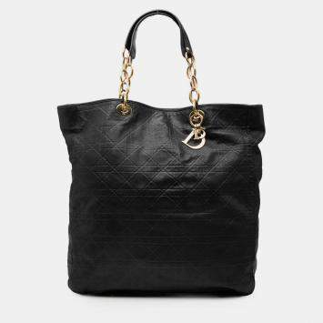 Pre Owned Dior Black Large Lambskin Cannage Lady Dior Soft Shopping Tote