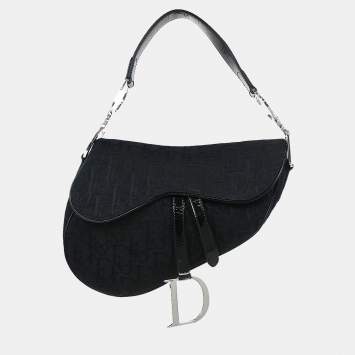 Pre Owned Christian Dior Black Canvas Trotter Saddle Handbag