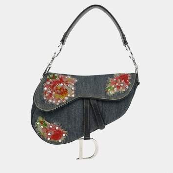 Pre Owned Christian Dior Blue Denim Patchwork Saddle Handbag