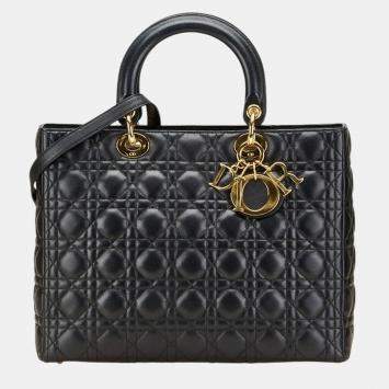 مملوكة مسبقًا حقيبة يد/كتف ديور كاناج ليدي كبيرة جلد حمل أسود