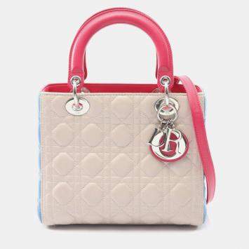 Pre Owned حقيبة كريستيان ديور ليدي كاناج جلد بيج أزرق وردي