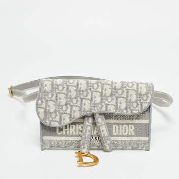 Pre Owned Dior Saddle Grey/White Oblique Canvas Belt Bag