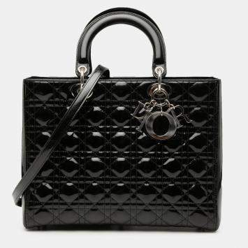Pre Owned Dior Black Large Patent Cannage Lady Dior