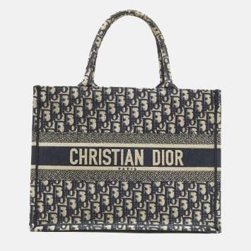 مملوكة مسبقًا Dior Book Medium Navy Blue Oblique Embroidered Canvas Tote