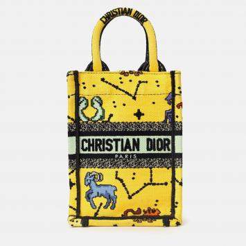 Pre Owned Christian Dior 2022 Yellow Canvas Embroidered Pixel Zodiac Mini Book Tote Phone Bag With Strap