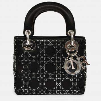 Pre Owned Christian Dior 2019 Black Satin Crystal Embellished Mini Lady Dior with Strap