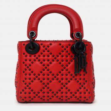 Pre Owned Christian Dior 2018 Red Studded Lambskin Cannage Supple Mini Lady Dior