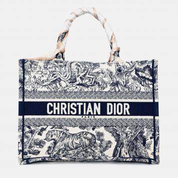 Pre Owned Christian Dior 2021 Navy/White Toile de Jouy Embroidered Medium Book Tote