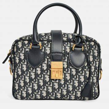 Pre Owned Christian Dior 2017 Navy Oblique Jacquard Bowling Bag with Strap