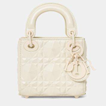 Pre Owned Christian Dior 2022 White Ultra Matte Calfskin Cannage Diamond Motif Micro Lady Dior