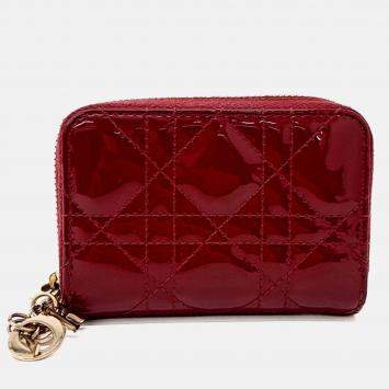 Pre Owned Dior Red Patent Leather Patent Cannage Card Holder