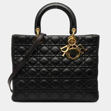 Pre Owned Dior Black Large Lambskin Cannage Lady Dior