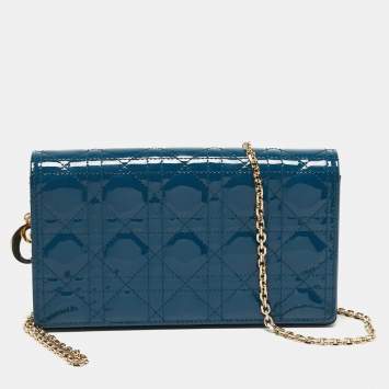 Pre Owned Dior Teal Blue Cannage Patent Leather Lady Dior Wallet On Chain