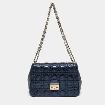 Pre Owned Dior Miss Dior Chain Metallic Blue Cannage Aged Leather Flap Bag