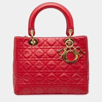 Pre Owned Dior Red Medium Lambskin Cannage Lady Dior