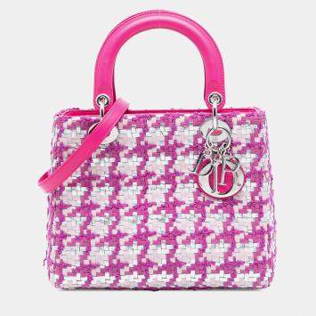 Pre Owned Dior Pink Silver Medium Lambskin And Tweed Lady Dior