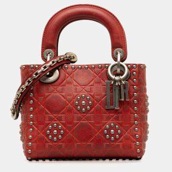Pre Owned Dior Red Mini Embossed Calfskin Cannage Studded Flower Lady Dior