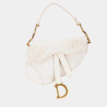 Pre Owned Dior White Mini Oblique Canvas Saddle Bag