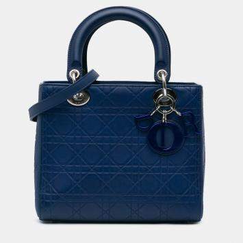 Pre Owned حقيبة ديور ليدي ديور متوسطة زرقاء عجل مطفأة للغاية بنقشة كاناج