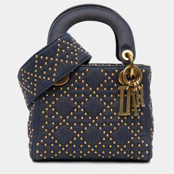 Pre Owned Dior Blue Mini Denim Cannage Studded Supple Lady Dior