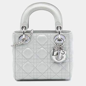 مملوكة مسبقًا Dior Silver Mini Iridescent Lambskin Cannage Lady Dior