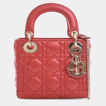 Pre Owned Dior Red Mini Iridescent Lambskin Cannage Lady Dior