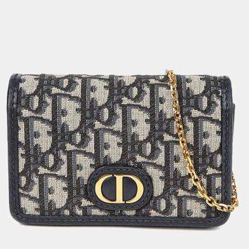 Pre Owned Dior Montaigne Nano Blue Oblique Canvas Shoulder Bag