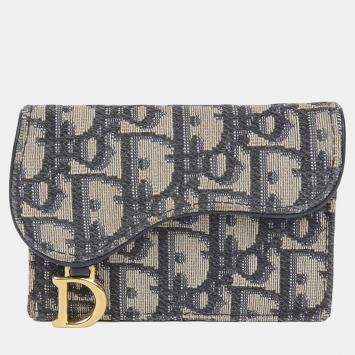 مملوكة مسبقًا حافظة بطاقات ديور سادل قماش أزرق أبليك