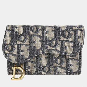 Pre Owned Dior Saddle Oblique Blue Jacquard Canvas Flap Card Holder