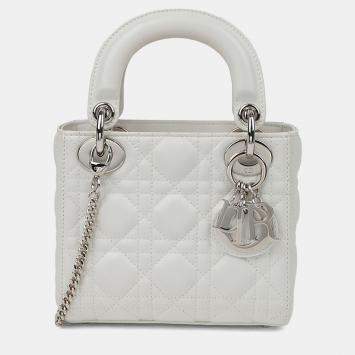 Pre Owned Dior Lady Dior Mini White Leather Tote Bag