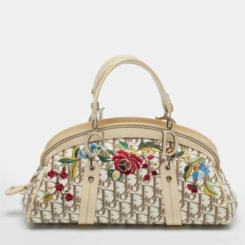 مملوكة مسبقًا Dior Trotter Ivory/Beige Diorissimo Canvas and Leather Floral Embroidered Satchel