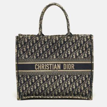 Pre Owned Dior Book Large Blue Oblique Embroidered Canvas Tote