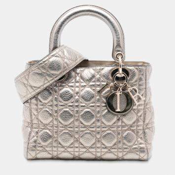Pre Owned Dior Gold Medium Metallic Grained Calfskin Cannage Supple Lady Dior