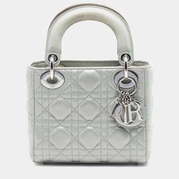 Pre Owned Dior Silver Mini Iridescent Lambskin Cannage Lady Dior